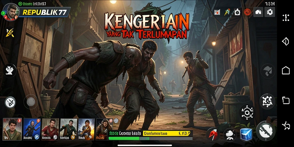 Screenshot utama REPUBLIK77 menunjukkan suasana gelap dan mencekam yang menyelimuti gameplay.