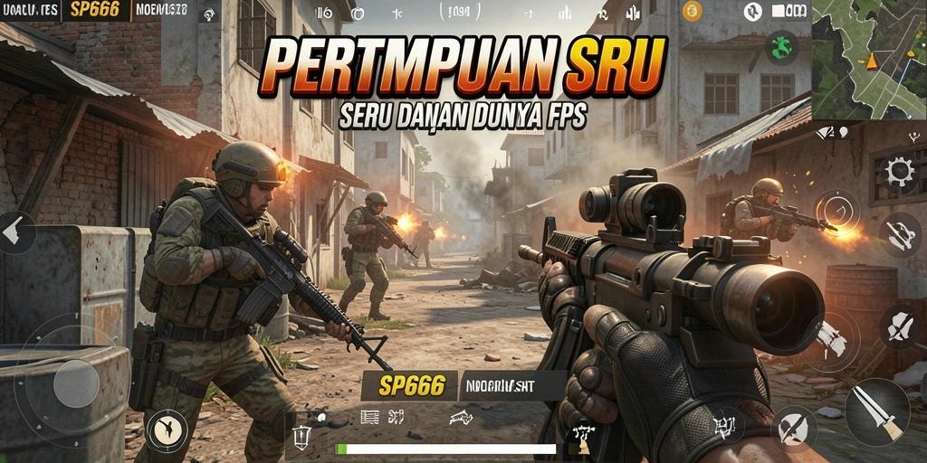 Screenshot utama SP666 menampilkan aksi menembak seru di medan perang.