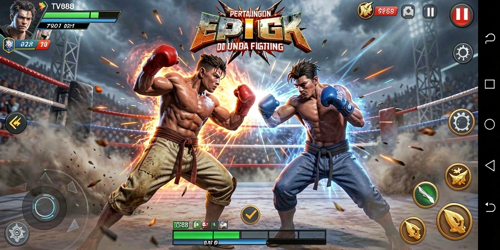 Screenshot gameplay TV888 menunjukkan pertarungan yang seru dan karakter kuat.